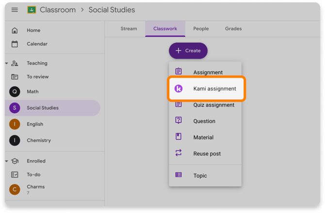 Kami assignment button in Google Classroom