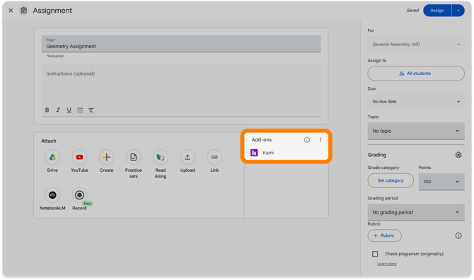 Google Classroom assignment window