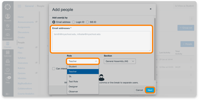 Email addresses field