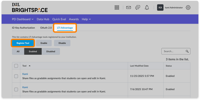 LTI Advantage > Register Tool button