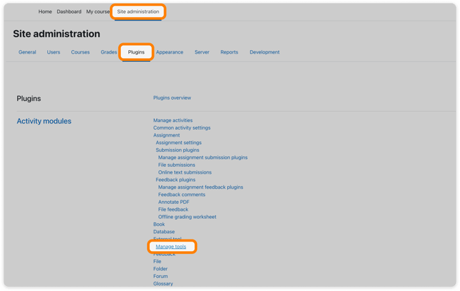 Site administration > Plugins > Manage tools