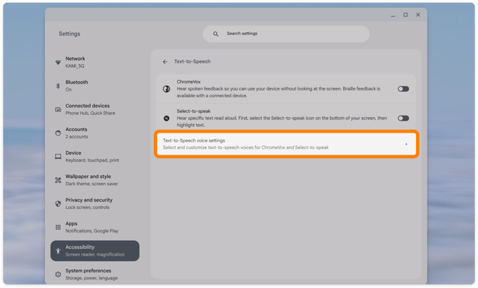 Accessibility > Text-to-speech settings