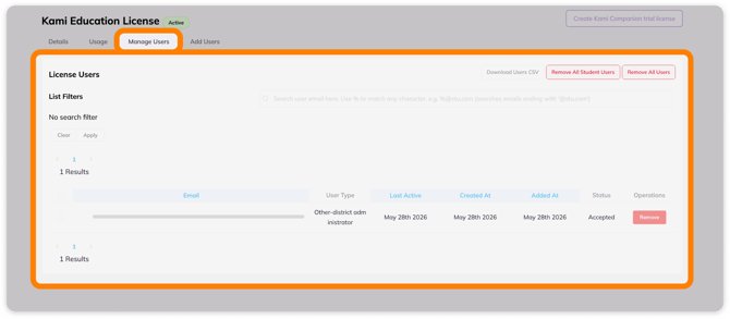 License Manage Users tab