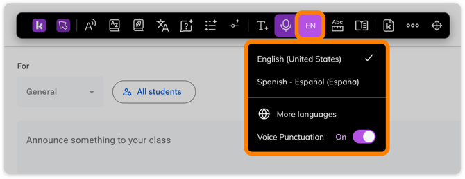 Voice typing options menu