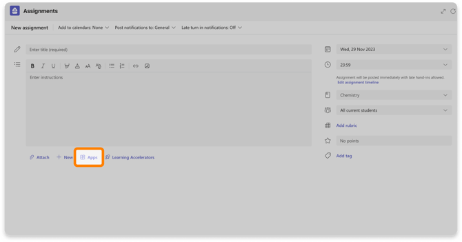Apps button in Teams assignment creation screen