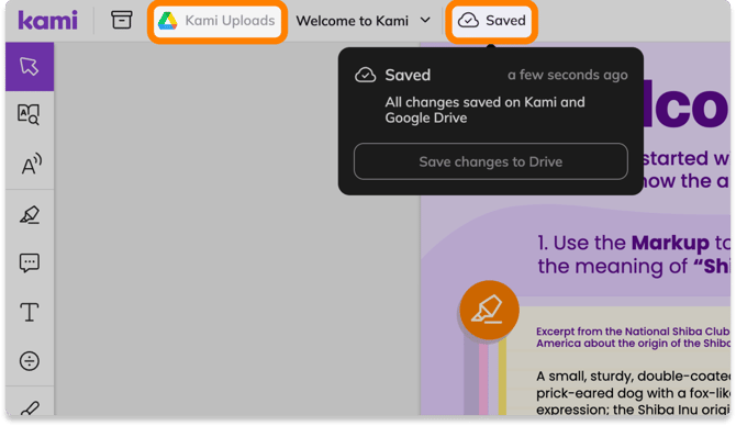 Screenshot of the Kami app with the Google Drive folder and Cloud Saving buttons highlighted in the top menu bar.