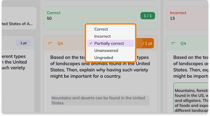 Class View displaying a question with the grading drop down opened, displaying the following options: Correct, Incorrect, Partially correct, Unanswered, Ungraded.