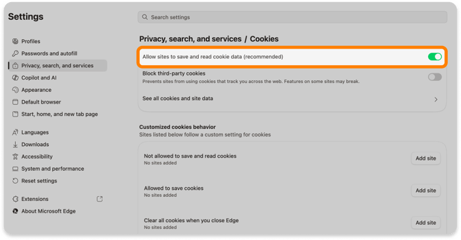 Allow sites to save and read cookie data