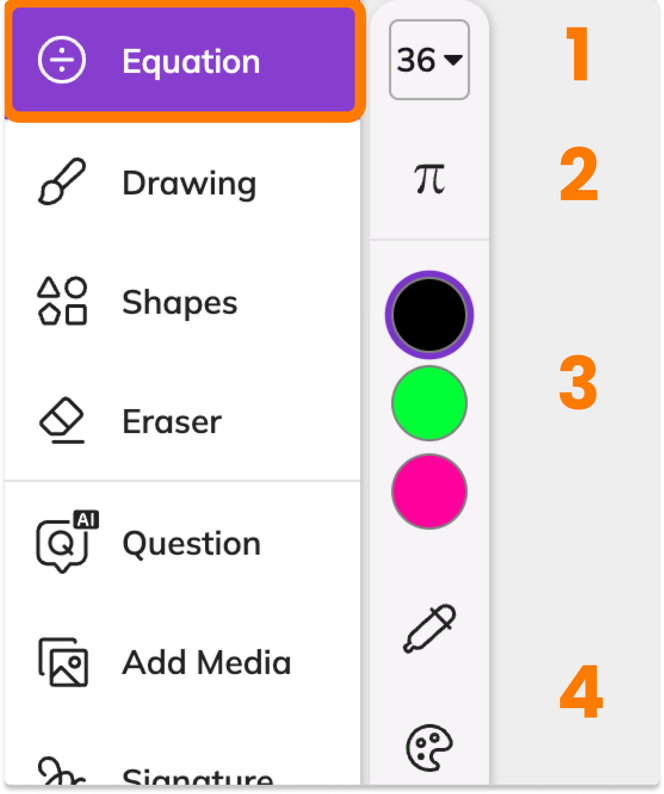 Screenshot of the Kami toolbar with the Equation tool menu open, highlighting the tool options available.