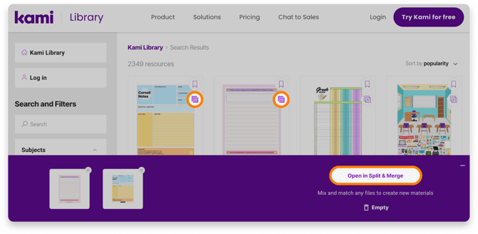 The Split & Merge drawer in the Kami Library.