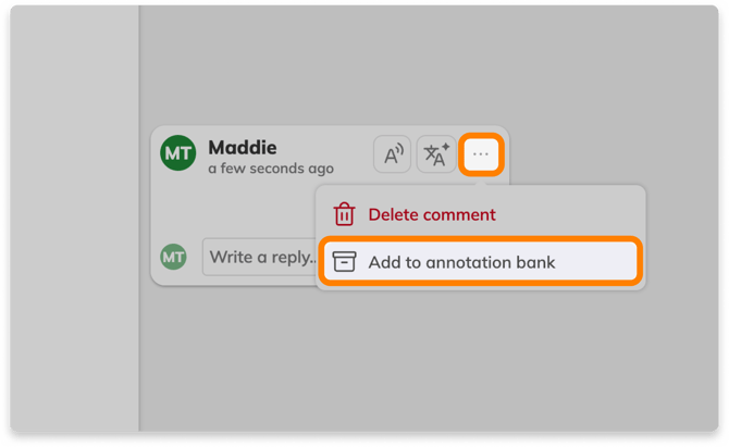 Add to annotation bank button in a Comment annotation.