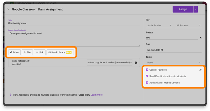 Kami assignment options in Google Classroom