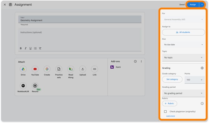 Google Classroom Assignment settings
