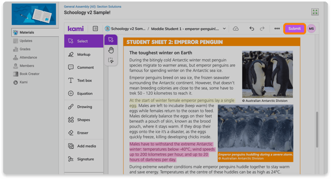 Submit button on Kami assignment in Schoology