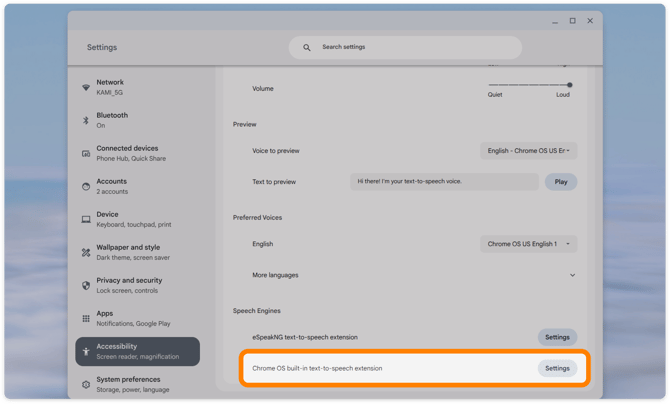 Chrome OS text-to-speech settings
