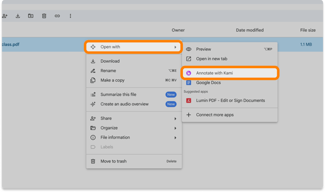 Sceenshot of a document "Open with" menu in Google Drive, with the "Open With" and "Annotate with Kami" options highlighted.