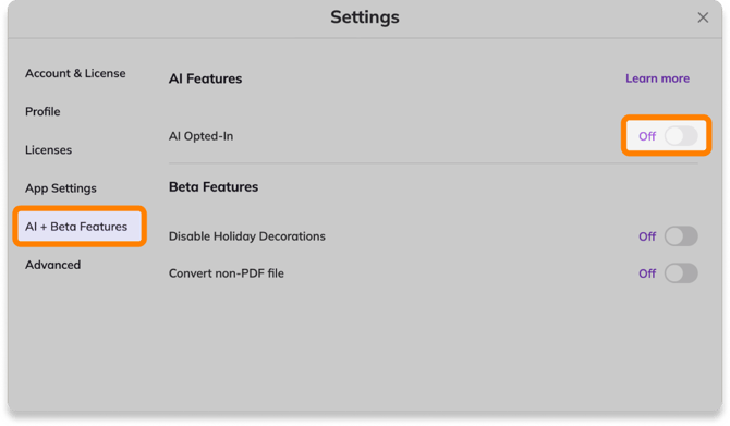 Image of the Kami Settings window, with AI + Beta features, and the AI Opted-In toggle highlighted.