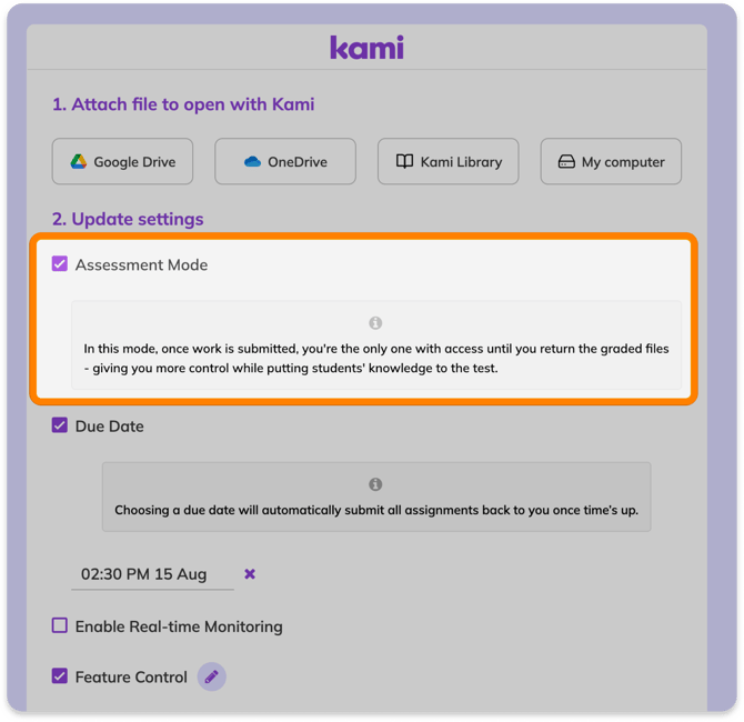 Assessment mode option in Assignment settings