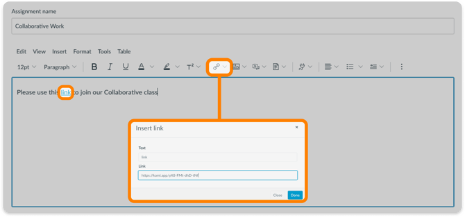 Kami link sharing button in Canvas assignment creation