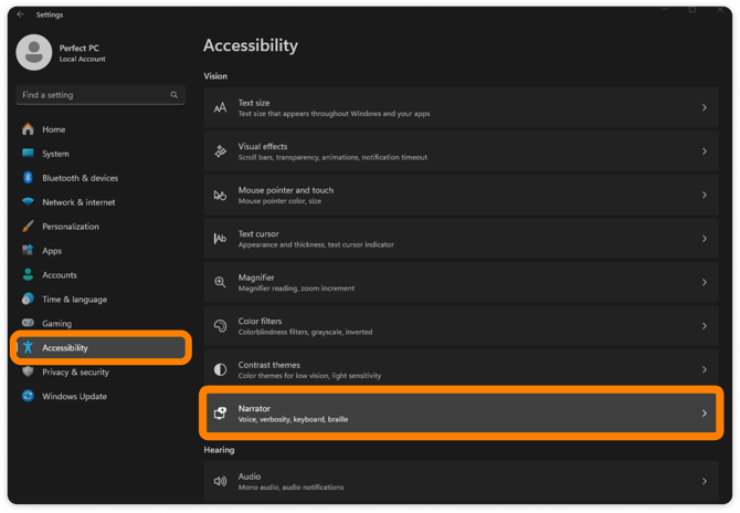 Accessibility settings tab