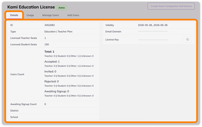 License Details tab