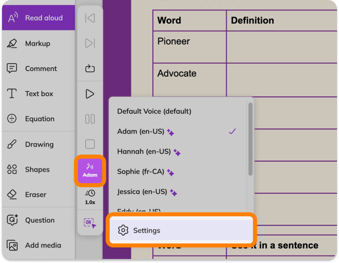 Read aloud Settings