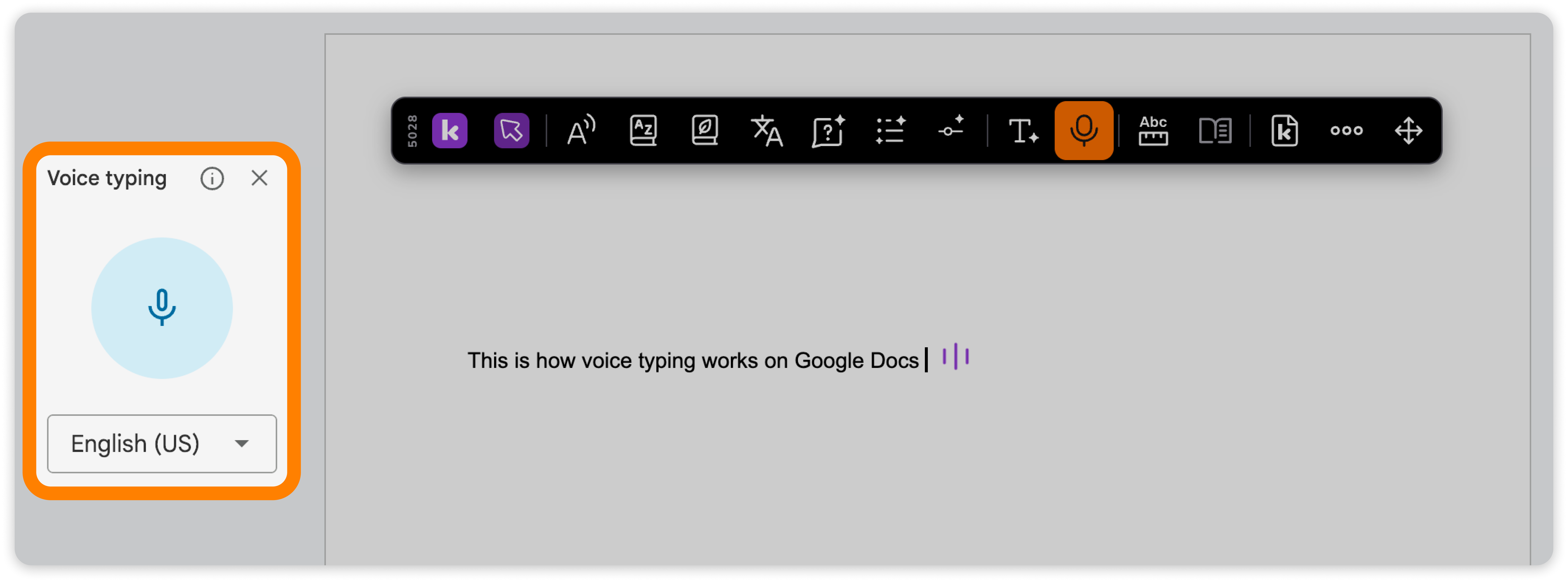 Voice typing language options in Google Docs