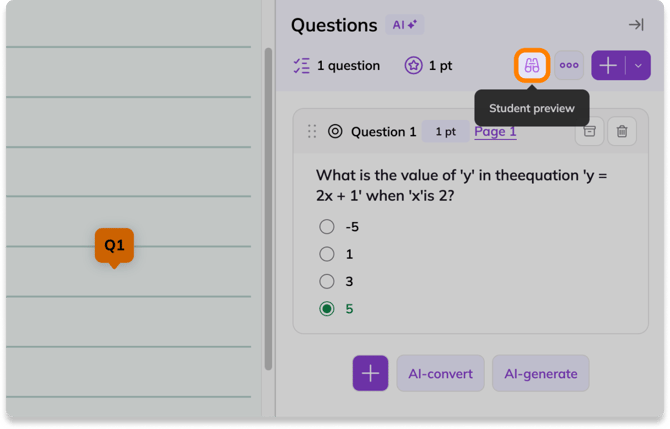 Screenshot of Kami app with Questions side panel open and binoculars "Student Preview" button highlighted.
