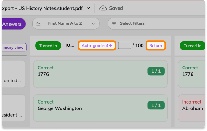 Class View with the Auto-Grade and Return buttons highlighted.
