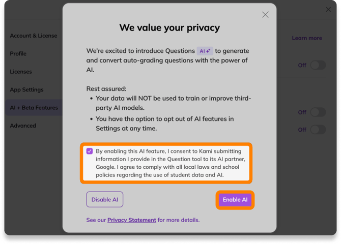 Image of the Kami Privacy Statement pop-up window, with the Enable AI button highlighted.
