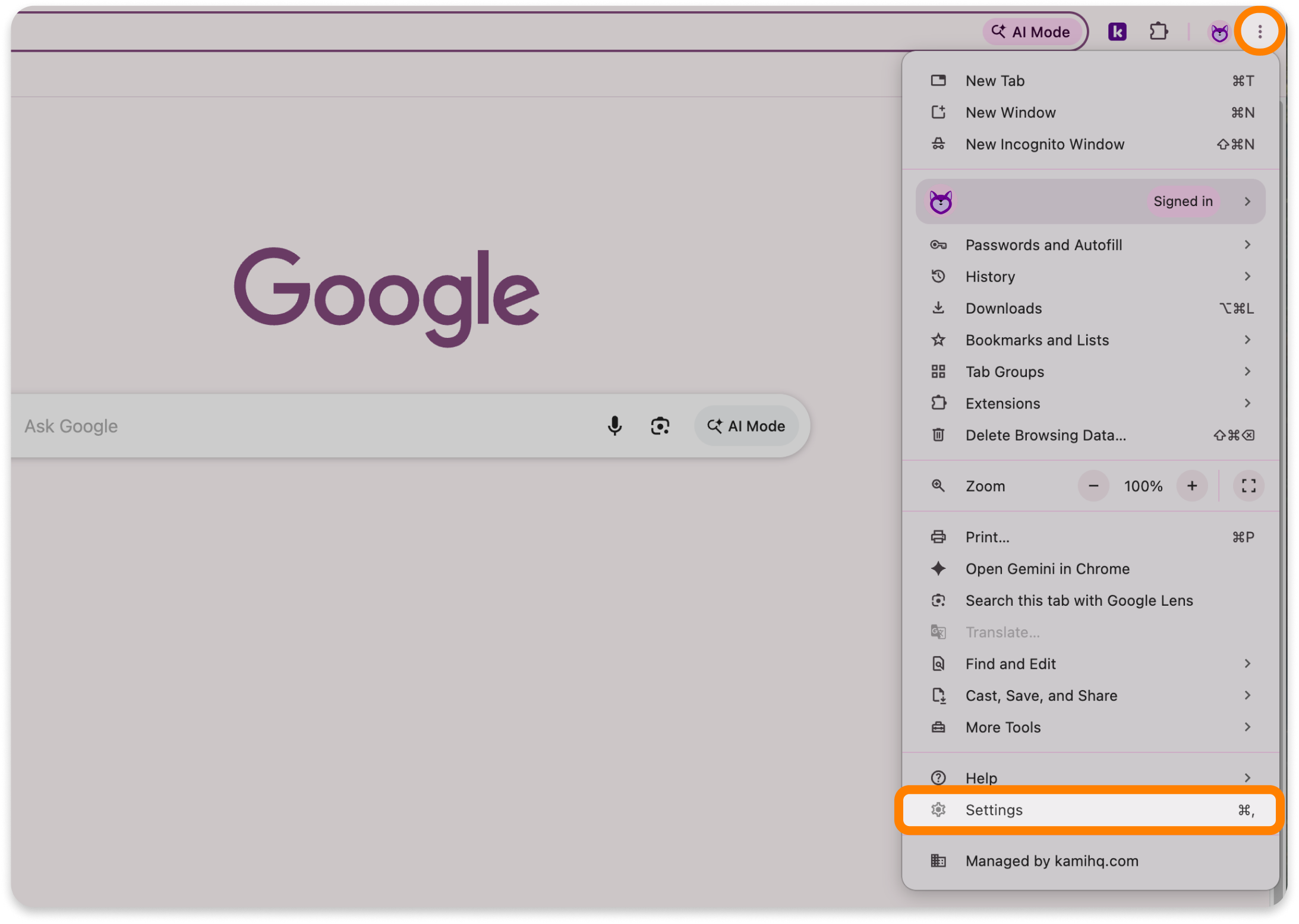 Chrome browser settings