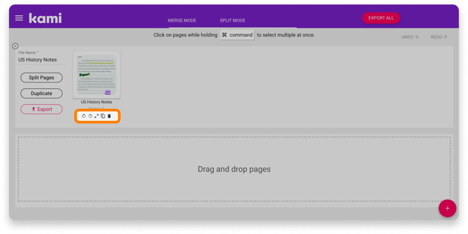 The page options beneath each page on the split & merge tool.