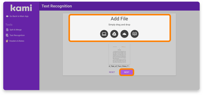 The Text Recognition tool window, with the Add File area highlighted