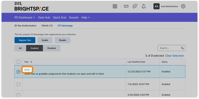 Kami app in the Enabled list