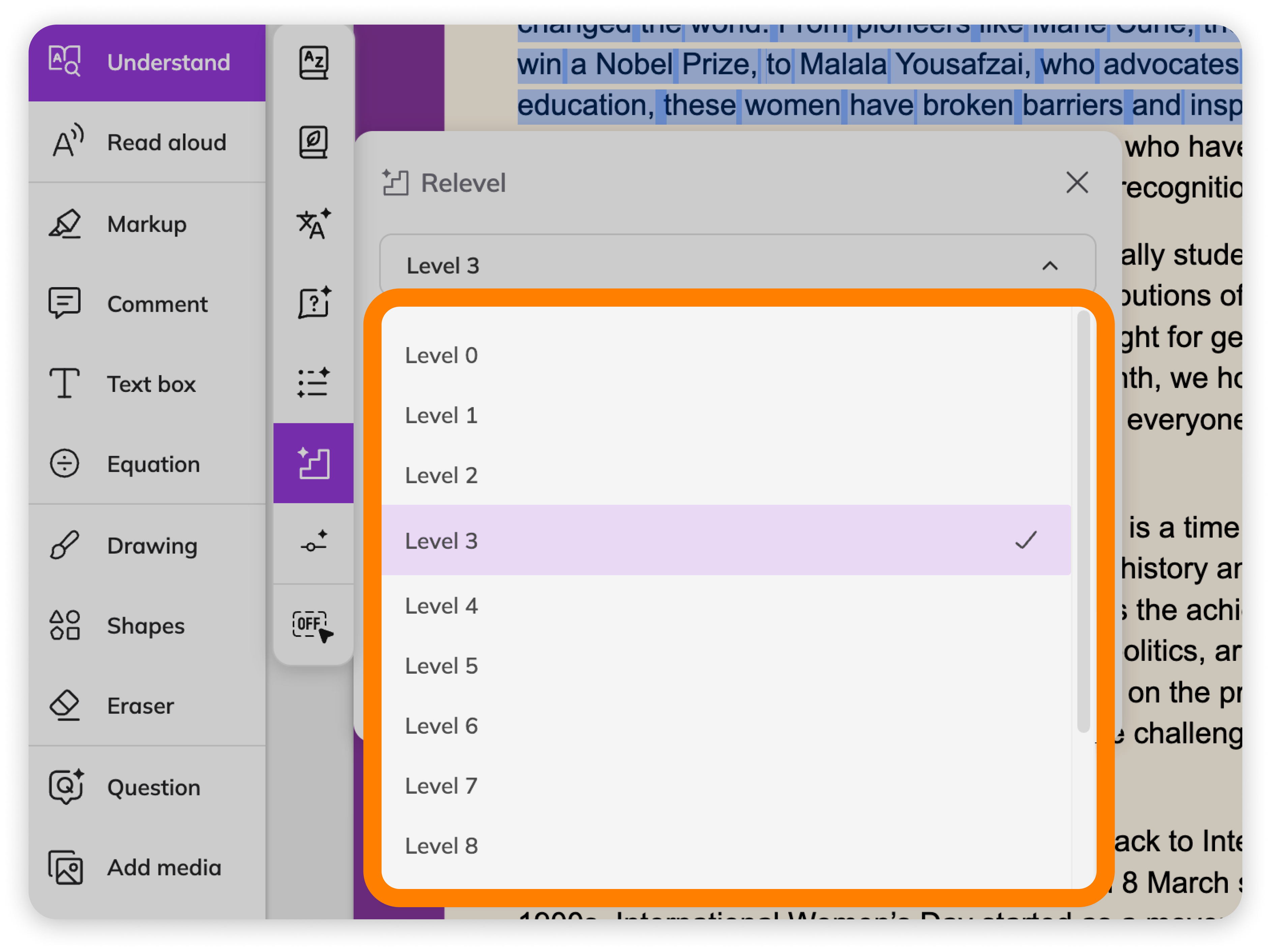 Relevel tool level selector