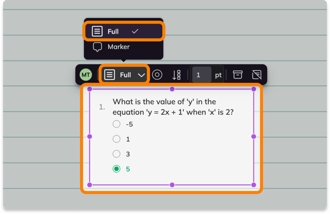 Screenshot of Kami app showing question on page with action bar open and the Question display "Full" option highlighted.