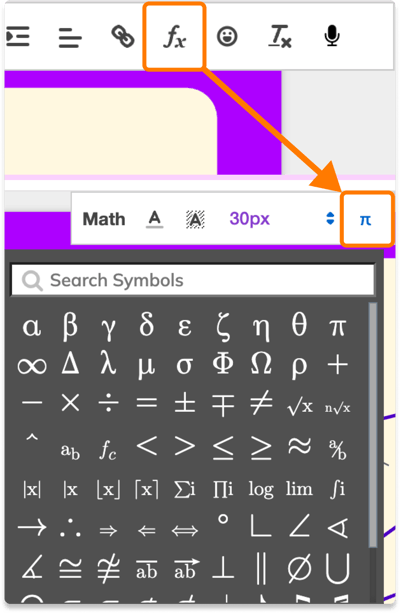 Screenshot of the symbols menu, available in the Text Box tool menu bar.