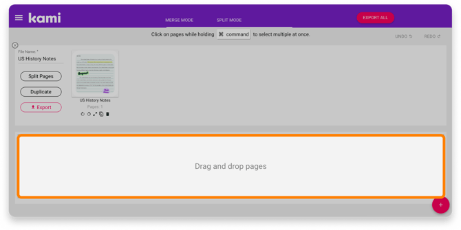 The drag and drop section of the Split & Merge tool