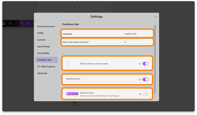 Predctive Text tab in the Settings window