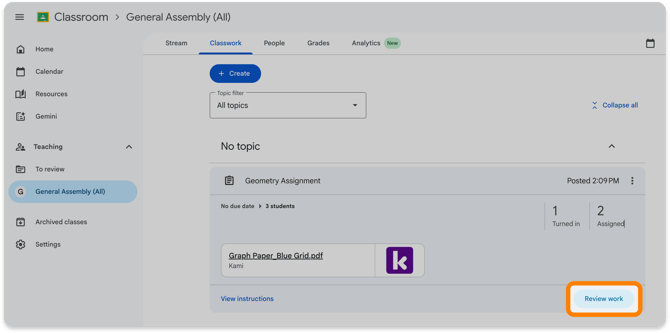 Review work button in Google Classroom
