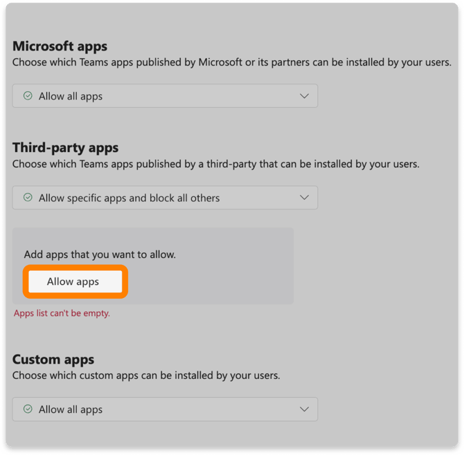 Allow apps button