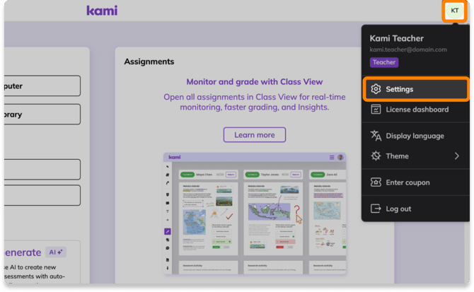 Image of the Kami app Dashboard with the Account & Settings menu open, and the Settings option highlighted.