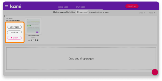 The Split Pages, Duplicate, and Export buttons in Split & Merge