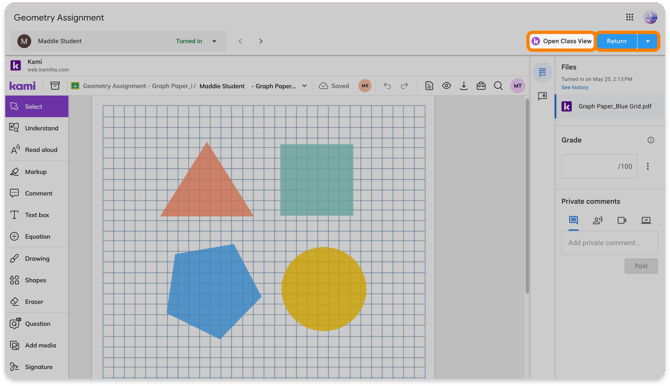 Class View and Return buttons in Google Classroom assignment