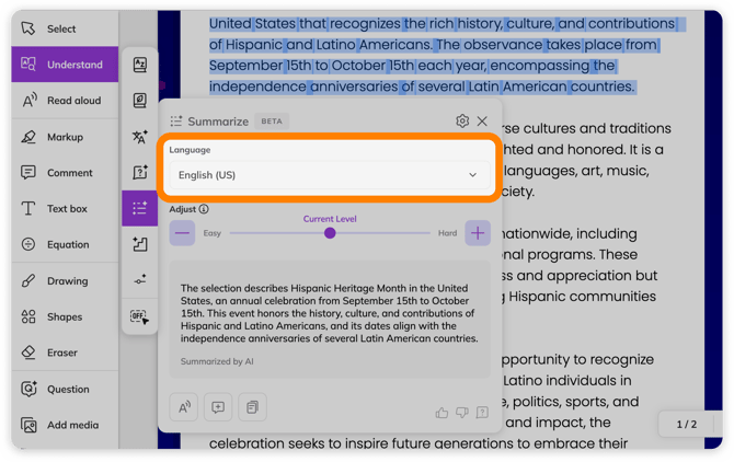 Summarize tool language selector