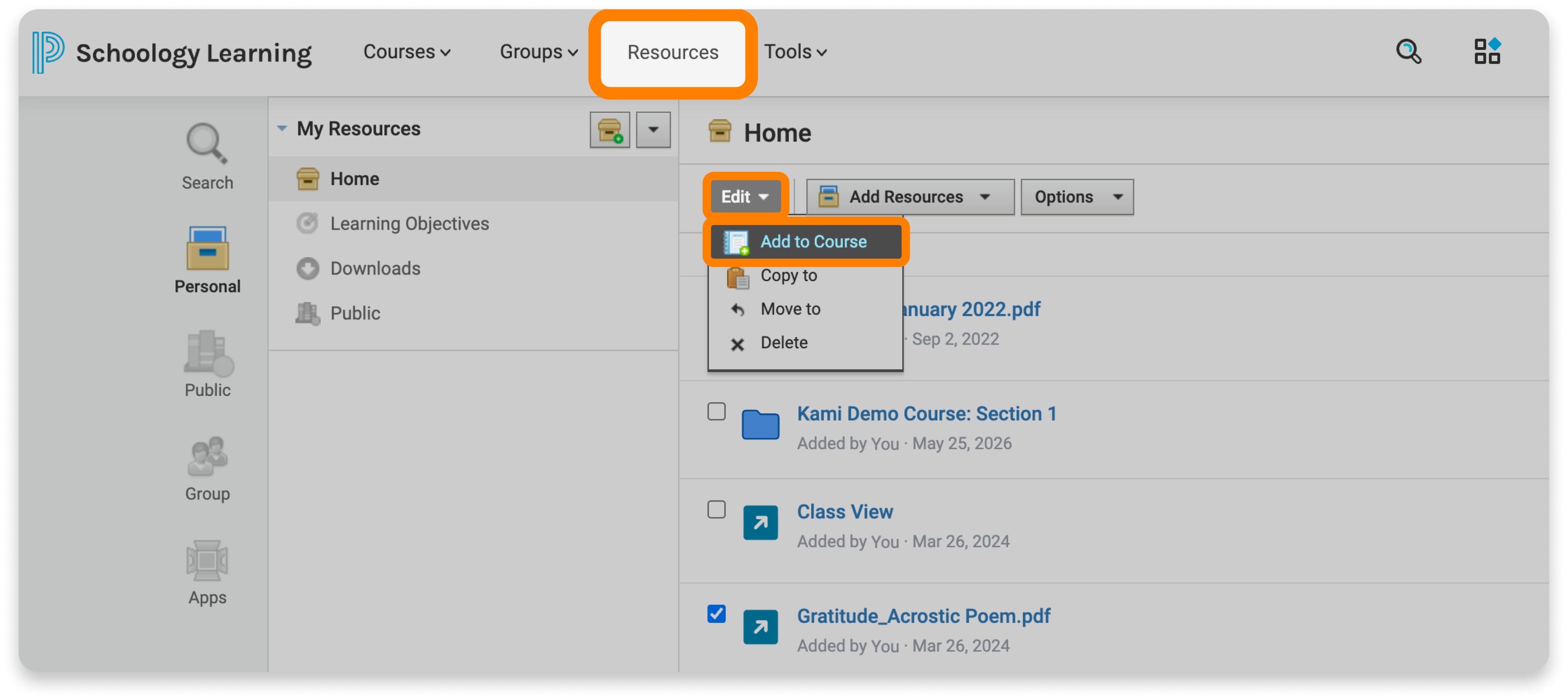 Add your assignment to a course from the Resources tab