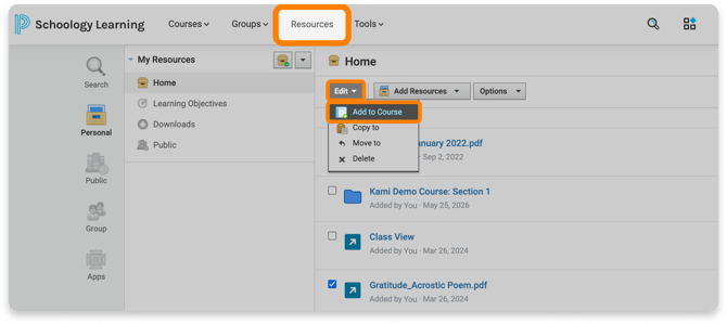 Add your assignment to a course from the Resources tab