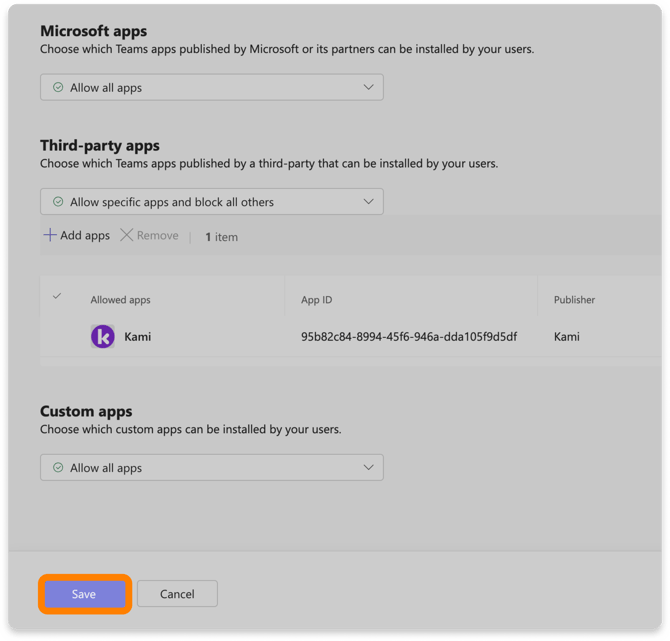 Kami under Teams allowed apps