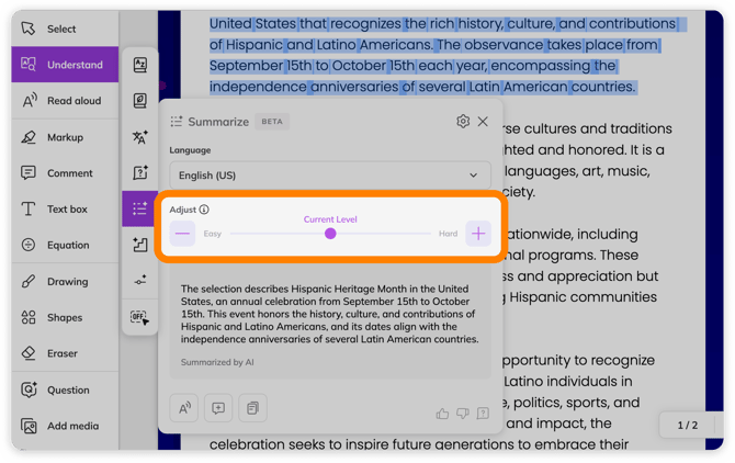 Summarize tool adjust slider