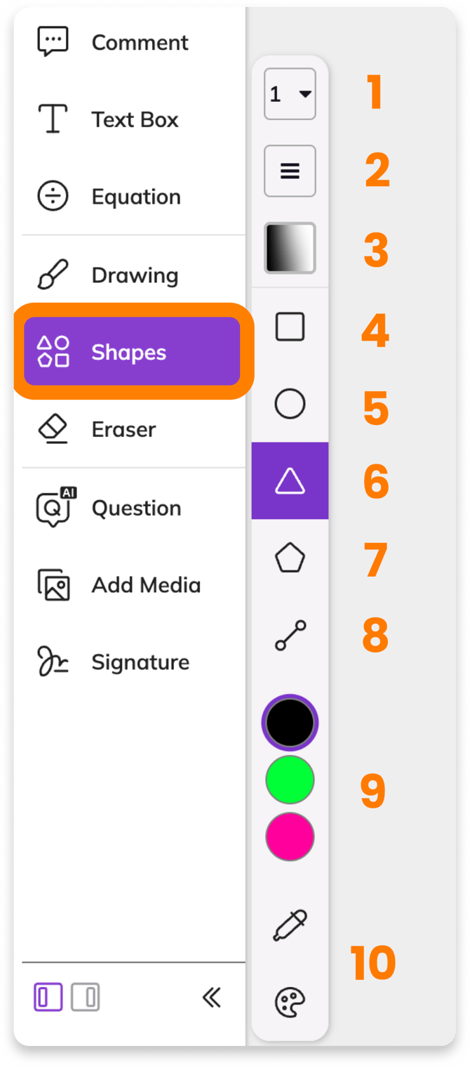 The Kami toolbar with the Shapes tool highlighted, and the Shapes tool menu open